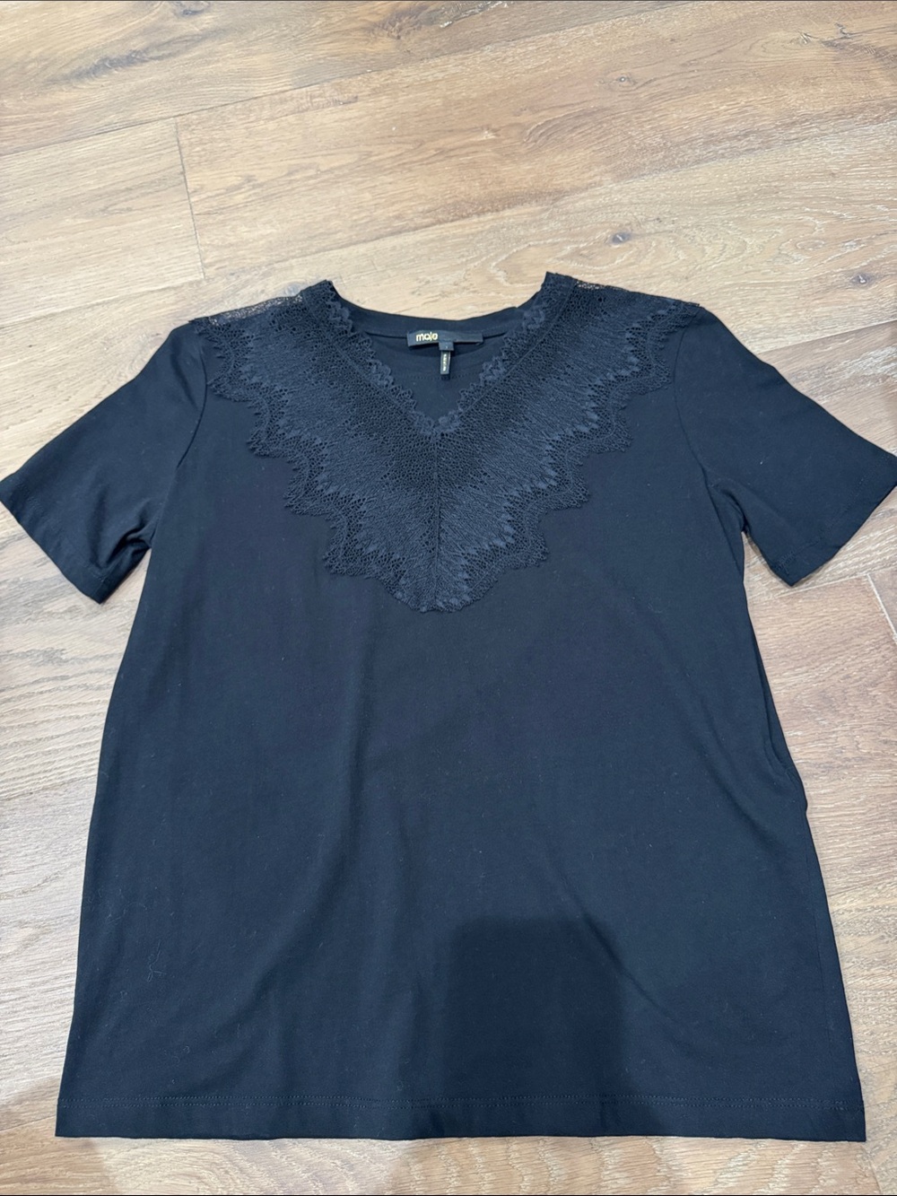 Maje Black Short Sleeve Top with Lace Trim